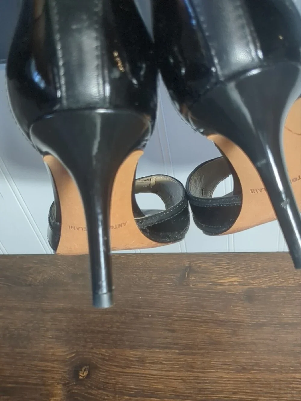 Antonio Melani Black Patent Leather Art Deco Peep Toe Ankle Strap Heels, SZ 6